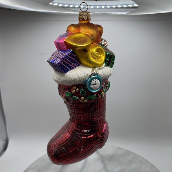 Christopher Radko Jackets & Blazers - Radko Christmas Stocking Glass Ornament Red Teddy Bear Horn Gifts
